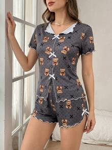 2pcs Women Bear & Bow Sleepwear Set - Dark Grey - View 4