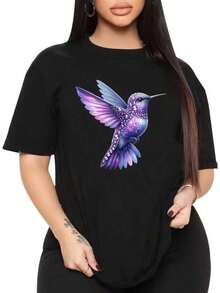 Mujer casual con estampado de colibrí brillante corte holgado cuello redondo manga corta primavera verano camiseta - Negro - Ver 1