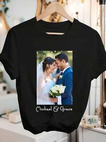 Camiseta personalizada con foto, tu foto, regalo de aniversario, camiseta de dama de honor, regalo para la novia, agrega tu propio texto e imágenes (foto de pareja/novia/familia/selfie/mascota/amigo/fiesta) para diseñar tu camiseta personalizada, adecuada para uso diario/fiesta de boda/reunión de empresa/reunión familiar, regalos festivos, Día de la Madre, Día del Padre, Verano negro, Amor eterno, Estilo retro bootleg - Negro - Ver 2