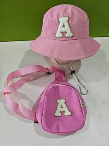 2 Pieces A-Z Letter Children's Bucket Hat, Stylish Simple Visor With A Shoulder Crossbody Bag, Suitable For Boys And Girls To Go Out Everyday. - Pink - View 6