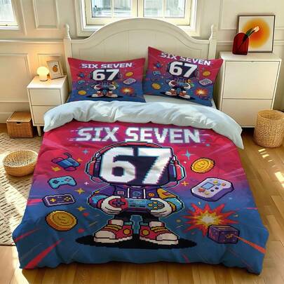 3pcs Bedding Set With Fashionable Digital Six Seven Print, Including 1 Duvet Cover And 2 Pillowcases, Soft And Comfortable Polyester Fabric, Suitable For Home Decor, Gifts For Boys, Girls And Teenagers, All Seasons
