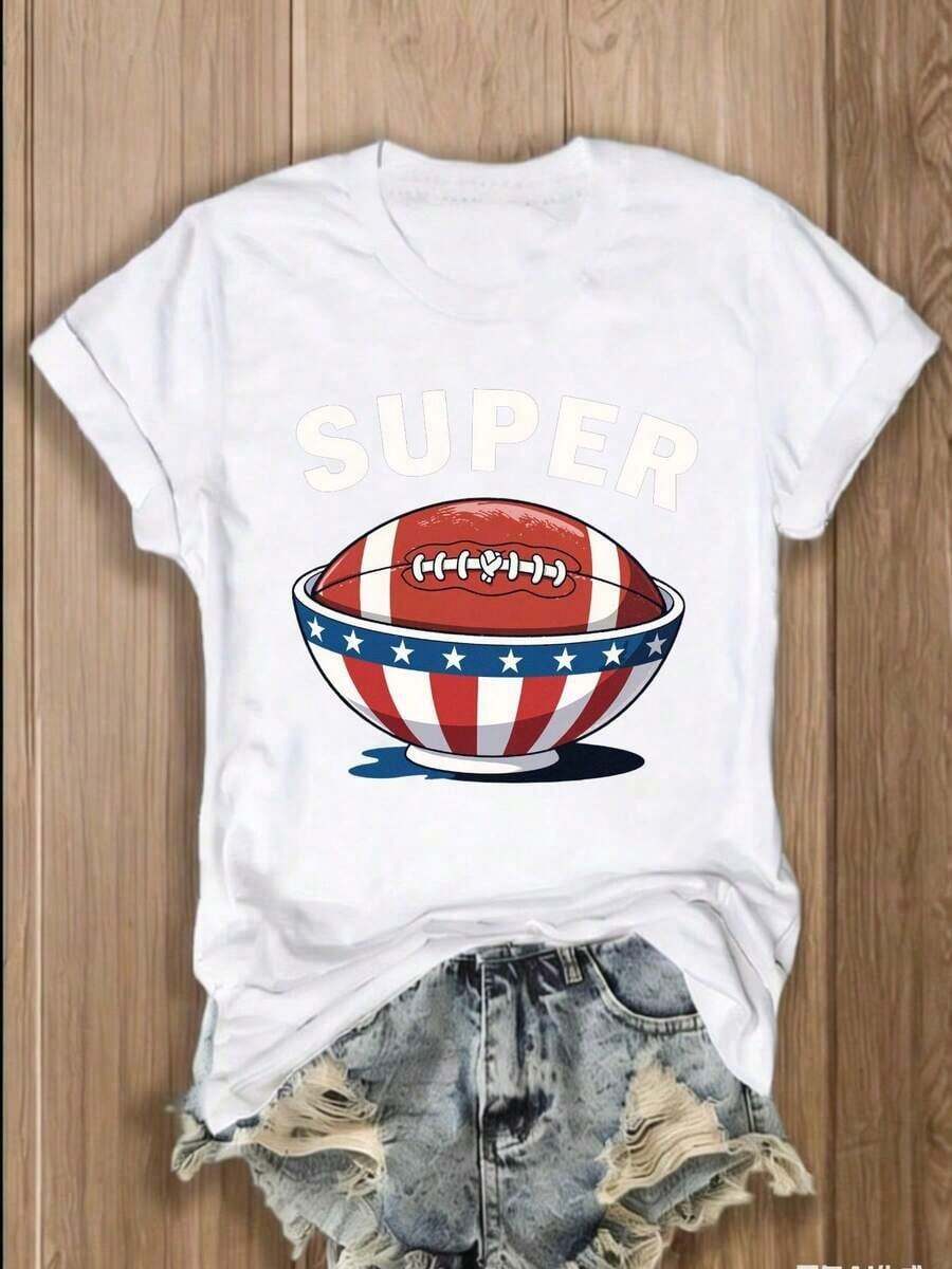 Camiseta Casual con Estampado de Fútbol Americano y Bandera Americana, 100% Algodón, Cuello Redondo - Moda Urbana Retro, Camiseta de Verano Casual, Cómoda y Transpirable, Última Moda en Camisetas para Mujer, Regalo Perfecto para Eventos, Uso Diario Versátil, 100% Algodón, Duradera - Blanco - Ver 1