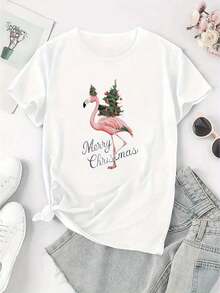 Creative Christmas Tree Flamingo Pattern Printed Women'S Round Neck Short Sleeve, Simple Casual Sports T-Shirt, Comfortable Summer Top For Holidays. - White - View 2