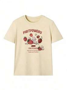 Women's Pink Cotton Casual T-Shirt With Strawberry Graphic Print, Short Sleeves, Round Neck, Regular Fit, Ideal For Everyday Wear.--Comfortable And Relaxed T-Shirt For Leisure - 卡其色 - 查看 2