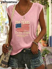 4th Of July Outfit WomenUSA 250th AnniversaryCommemorative Print Women's InspiredT-Shirt Short RoundNeckTopWhite LightweightY2K Short Sleeve Round Nec - 玫紅色 - 查看 2