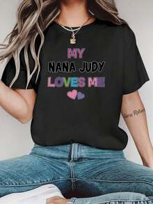 Camiseta Gráfica Negra para Mujer "Nana Judy Me Ama" con Diseño de Corazón, Manga Corta Casual para Primavera y Verano, Mezcla de Poliéster Suave, Lavable a Máquina, Camisetas para Damasblus - Negro - Ver 6