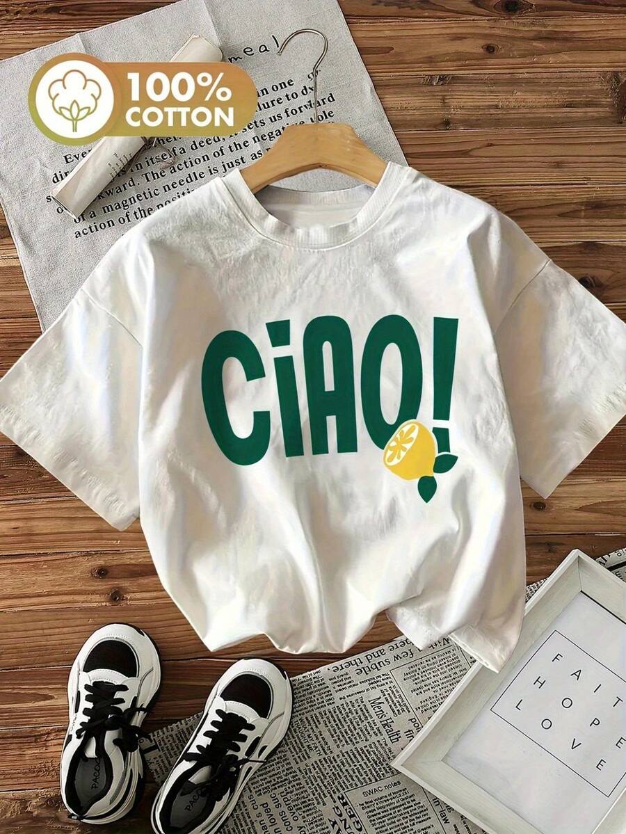 1 Women's Pure Cotton T-Shirt With Letter And Anime Print, Simple Design, Comfortable And Breathable, Suitable For Daily Casual Wear, Showing A Natural And Elegant Style, Must-Have For Summer Parties, Local Shipping, 180g 100% Cotton. - 白色 - 查看 1
