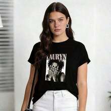 Ropa de Verano para Mujer, Camiseta Casual de Algodón Suave con Cuello Redondo, Cantante Legendaria Lauryn Hill, Estampado de Retrato en Blanco y Negro. - Negro - Ver 4