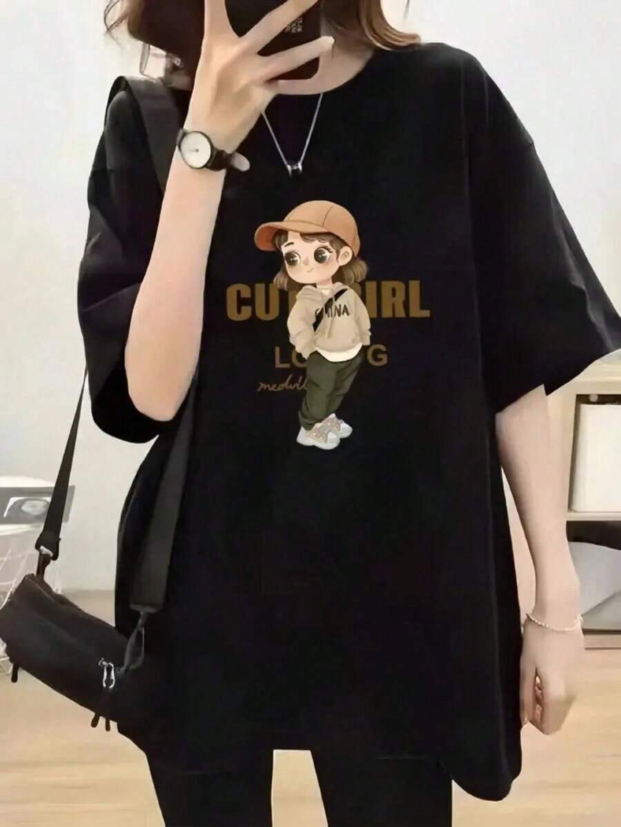 ropa de mujer Primavera/Verano Camiseta de manga corta con cuello redondo simple, holgada, informal, con estampado de texto en inglés y gráfico de chica, color negro, camisas de mujer - Negro - Ver 1