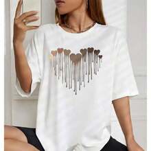 ropa de mujer Camiseta de algodón estampada estilo coreano de verano para mujer, diseño estampado con patrón de gotas de corazón, camiseta de manga corta con cuello redondo para mujer, estampado de letras, camiseta holgada, informal y versátil para uso diario, playa, fiesta, vacaciones, camisas de mujer - Blanco - Ver 4