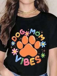 Camiseta con Estampado de Huella de Pata para Mujeres Amantes de los Perros, con Flores Coloridas y Diseño Divertido, Perfecta para Amantes de Mascotas, Ropa Casual y Eventos con Temática Canina. - Negro - Ver 1