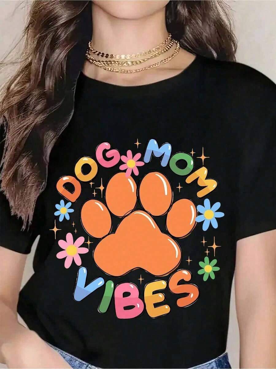 Camiseta con Estampado de Huella de Pata para Mujeres Amantes de los Perros, con Flores Coloridas y Diseño Divertido, Perfecta para Amantes de Mascotas, Ropa Casual y Eventos con Temática Canina. - Negro - Ver 1