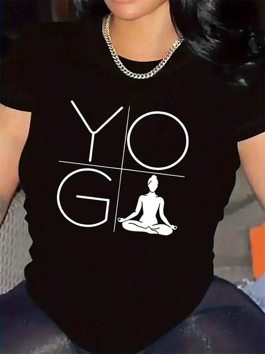 Suave, transpirable y ligera para comodidad durante todo el día. Camiseta de manga corta de poliéster para uso en estudios de yoga, con un diseño duradero y ligero, ajuste cómodo y un estampado gráfico elegante en la parte frontal. Cuello redondo clásico con un corte relajado que favorece todas las formas del cuerpo y es fácil de combinar con jeans, pantalones cortos y leggings. - Negro - Ver 1