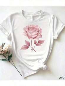 White Pure - Women'S T - Shirt Elegant Pink Rose Print TIBO Adecuado como regalo.playera de mujer.blusas>elegante.boho chic,Top de mujer suave, transpirable y cómodo, ideal para primavera, verano y otoño, perfecto para vacaciones, viajes y uso diario. - Blanco - Ver 7