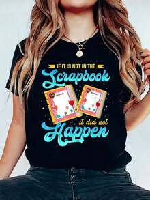 Camiseta casual de manga corta con cuello redondo y estampado gráfico, perfecta para el verano y la primavera, diseñada para mujeres. - Negro - Ver 6