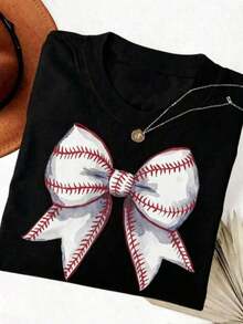 Cultura Maya 2026 Ropa de Verano, Blusa Cómoda con Estampado de Lazo de Béisbol, Camiseta Coqueta para el Día del Partido de Béisbol, Camiseta de la Temporada de Béisbol, Camiseta para Fanáticos del Béisbol, Camiseta con Estampado Gráfico de Cuello Redondo para Mamás Deportistas, Tops de Verano Holgados y Cómodos, Camiseta de Algodón - Negro - Ver 3