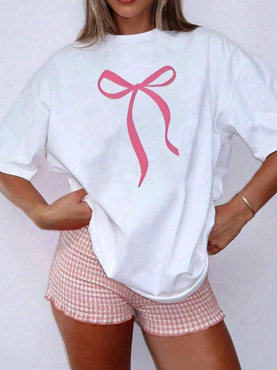 1 Women's T-Shirt With Pink Bow Print - Fitted Short-Sleeved Round Neck Top, Suitable For Casual Wear In Spring And Summer, Machine Washable, Comfortable Women's Clothing, 180g 100% Cotton. - 白色 - 查看 1