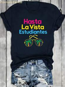 1 pieza Camiseta de verano Hasta La Vista - Camiseta estampada 100% absorbente de sudor y transpirable, con estampado de gafas tropicales, regalo para el Día de la Madre, camiseta de mujer con cuello redondo para vacaciones en la playa y surf, top casual negro de manga corta, adecuada para vacaciones, 180g Algodón 100%. - Blanco - Ver 10