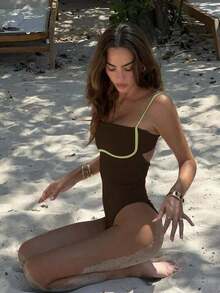 Nuevo Llegado Primavera/Verano Traje de Baño de Una Pieza Casual Sexy Elegante para Mujer en Contraste de Color Rojo y Blanco, Adecuado para Playa, Vacaciones, Fiesta, Cita - Café integral - Ver 3