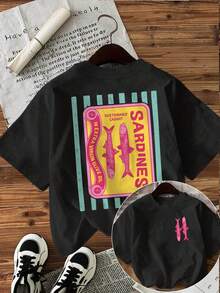Camiseta de manga corta con cuello redondo para mujer, estilo casual de primavera-verano, estampada por ambos lados con un diseño de sardinas y la palabra "Sardine" impresa en ella, de estilo vintage. - Negro - Ver 1