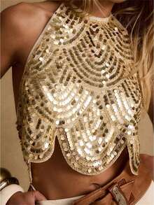 Women Halter Top, Tie-up Sleeveless Tops Backless Sequined Summer Vest for Club Party - Dorado - Ver 1