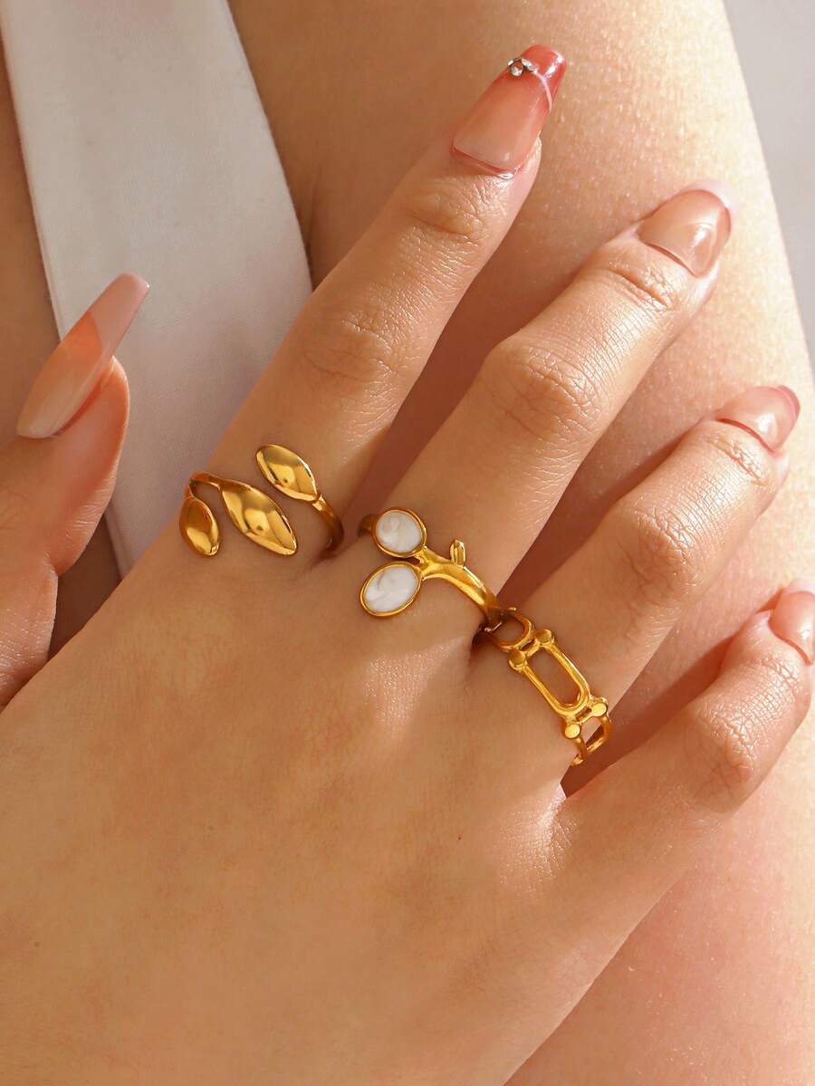 Bộ 3 chiếc nhẫn hở bằng thép không gỉ mạ vàng 18K, thiết kế cá nhân hóa theo phong cách Hip-Hop, họa tiết lá dầu nhỏ giọt màu trắng, thích hợp làm quà tặng hàng ngày, dự tiệc và lễ hội cho nữ. - Vàng - Xem 1