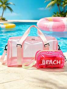 果凍色透明大容量防水旅行托特包，附「Beach Easy Life」迷你化妝包，PVC果凍手提包 - 彩色 - 查看 5