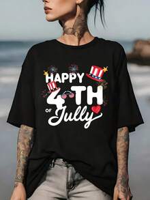Women's 4th Of July T-Shirt - Patriotic With American Pride, Short Sleeve, Crew Neck, With Flag And Stars, Ideal For Independence Day Parties, BBQs, Picnics - Casual Wear, Comfortable, Machine Washable, Perfect Gift For Year-Round Wear - 黑色 - 查看 7