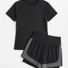 Cheerettes Women's Solid Color Short Sleeve T-Shirt And Contrast Color Shorts Outdoor Suit - Negro - Ver 6