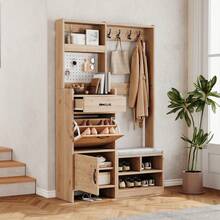 Garderoben-set, Wandgarderobe, Flurgarderobe Set mit Schuhbank, Garderoben Set mit 4 Kleiderhaken, 1 Schubladen und 2 Türen - Natur + Weiß + Spanplatte-1 - Übersicht 4