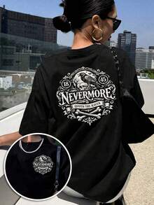 Women's T-Shirt With Front And Back Print, Nevermore Design, Crow Pattern, Round Neck, Casual Short Sleeve Style, Suitable For Fitness In All Seasons And Everyday Wear, Top With A Fun Printed Design. Elegant Party Outfit, T-Shirt For Stylish Ladies, Blouses Suitable For Curvy Women, Prom Skirts, Casual Wear - 黑色 - 查看 7