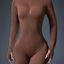 Dewbera Plain Ribbed Zipper Slim Fit Long Sleeve Jumpsuit - Rosa - Ver 4