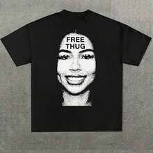 1 Piece Funny Retro 90s Rapper Cat Print T-Shirt, Round Neck, Short Sleeve, Women's Cotton, Summer, 180g, 100% Cotton. - Black 6 - 查看 11