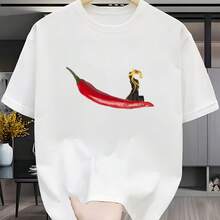 Camiseta estampada, tejida en algodón puro, con diseño de cuello redondo, estilo unisex, camisa creativa y moderna, ideal para primavera y otoño, holgada y cómoda para hombres y mujeres. - Blanco - Ver 1