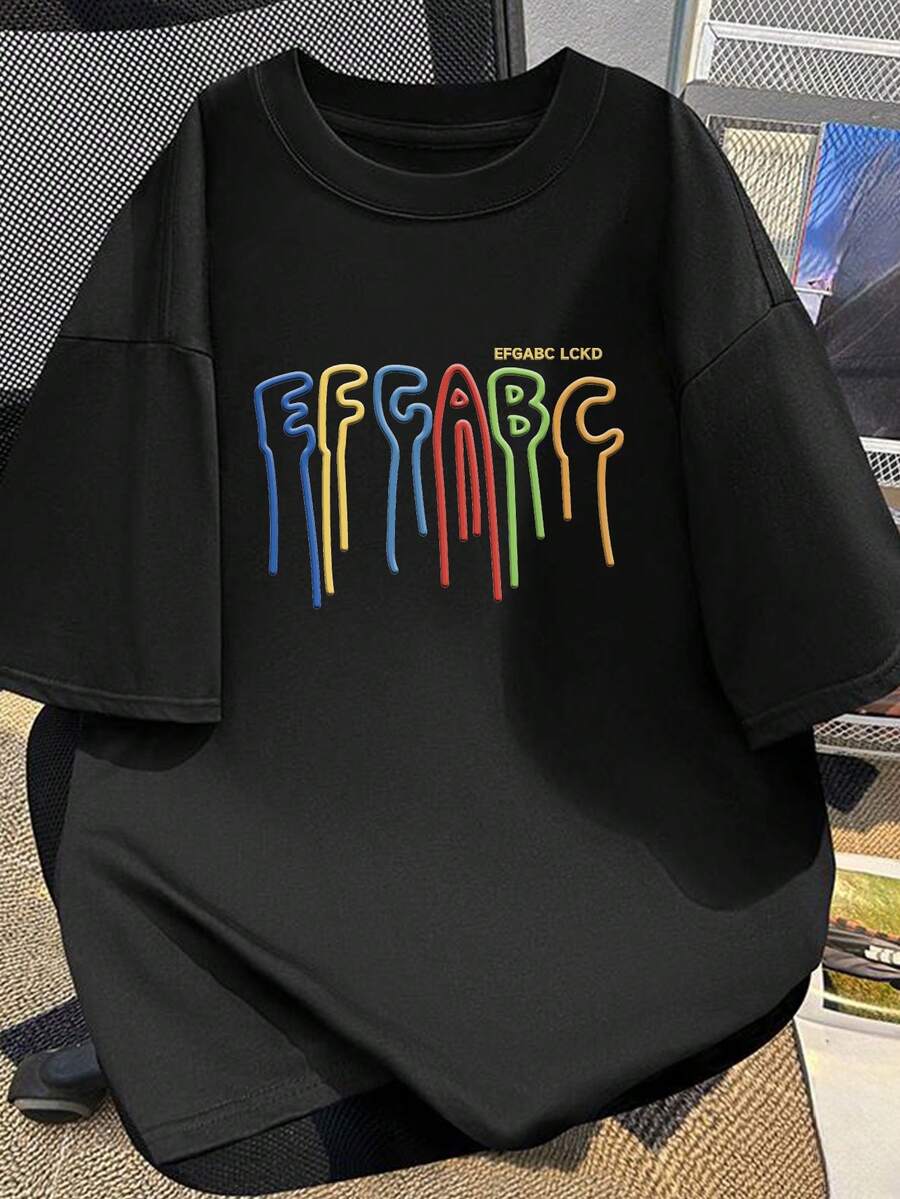 Men's Essential Casual T-Shirt 100% Cotton Short Sleeve - Colorful A-Z Letter Print Design, Modern And Simple Crew Neck, Breathable, Unisex Style For Couples, Ideal For Casual Daily Wear, Machine Washable For Daily Use, Soft Cotton For Daily Wear. - 黑色 - 查看 1