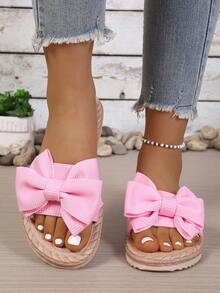 Sandálias Rasteiras Femininas Elegantes e Versáteis com Laço Fofo, Chinelos Casuais Slip-On para Uso Externo no Verão - Rosa chiclete - Visão 5