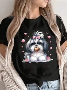 Lightweight T-Shirt, Printed With An Adorable Shih Tzu Design, Perfect For Relaxed Outings Or Lounging At Home, With A Cute Pet Theme Featuring Hearts And Pink Bows, Ideal For Dog Lovers. - 黑色 - 查看 1