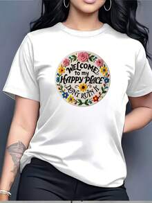 Women's "Welcome To My Happy Place" T-Shirt - Casual Short Sleeve Round Neck Blouse, Not Machine Washable, Comfortable T-Shirt Suitable For Summer Gatherings, Team Building Gifts And Casual Wear, Year-Round Wardrobe Essential - 白色 - 查看 1