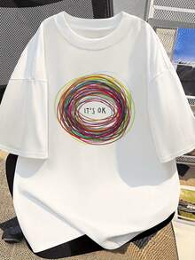Men's Short Sleeve T-Shirt, Multicolor Abstract Pattern And Text Print, Casual Commuter Top. - White - View 7