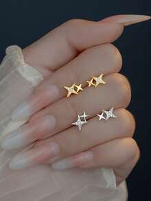 1pair Double Star Shaped Earrings Inlaid With Cubic Zirconia 18k Gold Plated For Women, Perfect Choice For Proposal, Engagement Party Gift - Gold - View 5