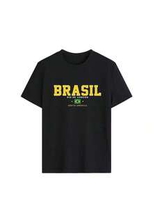 Camiseta holgada con estampado de letras "BRASIL" y bandera de Brasil, estilo deportivo Y2K de Brasil, estilo callejero, de manga corta y casual para mujer,Playera Gráfica Casual para Mujer con Estampado |   Verano 2026 - Negro - Ver 5
