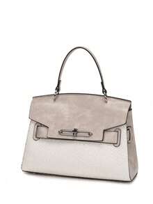 Bolsa grande de Pu com aba, em cores contrastantes e textura de lagarto, moderna e elegante, ideal para presentear esposa, mãe, irmã ou amigas. - Branco - Ver 7