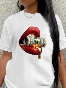 Lightweight And Durable Short-Sleeved T-Shirt With A Striking Lip And Money Graphic, Perfect For Casual Outings At Home Or Restaurants, Designed For Comfort And Style - 白色 - 查看 1