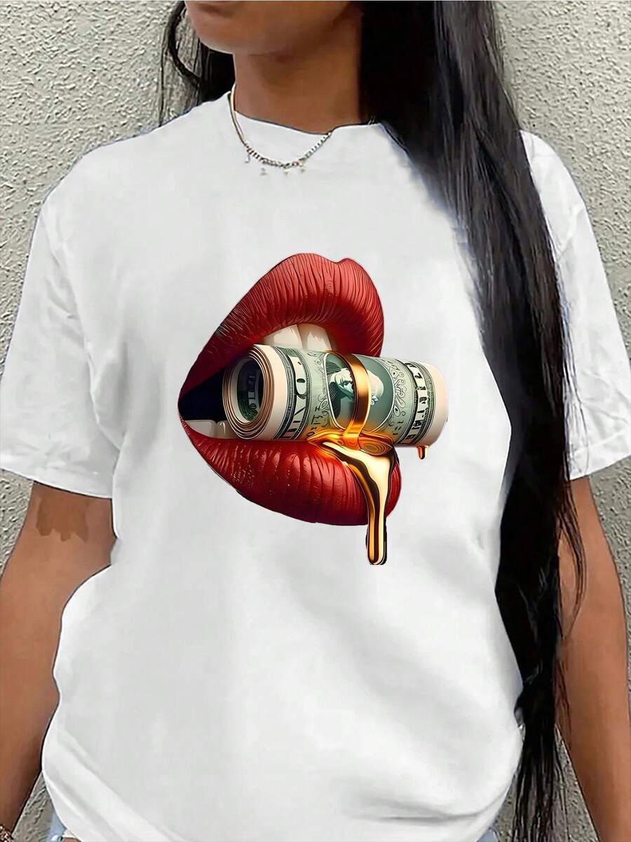 Lightweight And Durable Short-Sleeved T-Shirt With A Striking Lip And Money Graphic, Perfect For Casual Outings At Home Or Restaurants, Designed For Comfort And Style - 白色 - 查看 1
