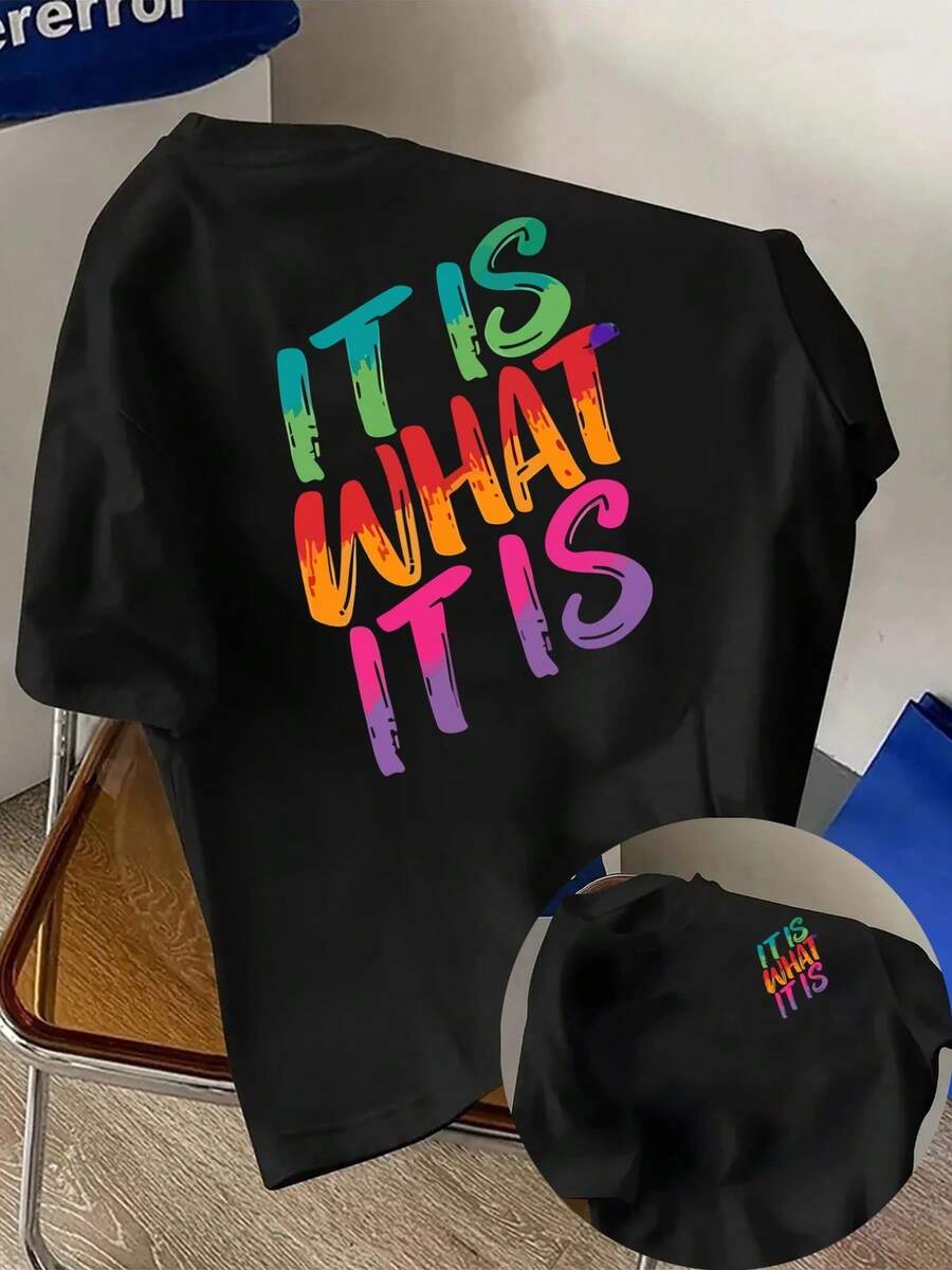 New Men's 180g Heavyweight T-Shirt, % Cotton, With Custom IT IS WHAT IT IS Print On The Front And Back, Fashionable Short-Sleeved T-Shirt For Men, Suitable For Daily Casual Wear And Outdoor Fitness Activities, Unique Double-Sided Pattern Design - To Be Layered In Spring And Autumn And Worn Alone In Summer, Unisex Style. - 黑色 - 查看 1