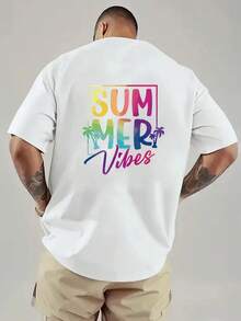 New Men's T-Shirt Made Of 180g Heavyweight Cotton, With A Loose Fit And Dropped Shoulders, Summer Style, Featuring A Palm Tree Print, Pattern Design On The Front And Back, A Modern Top Suitable For Layering In Spring And Autumn Or Wearing Alone In Summer, Unisex. - White - View 2