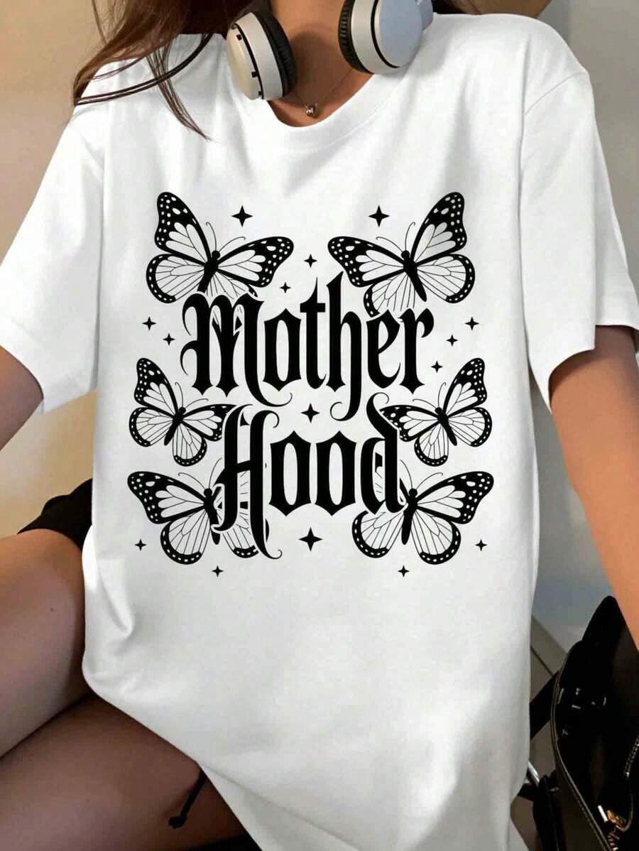 Women's Butterfly Design T-Shirt, Casual Black Top With Graphic Print Of White Butterflies And Stars, Soft And Comfortable Cotton T-Shirt, Perfect For Daily Wear And Special Occasions [Suitable For Leisure And Sports Activities] - 白色 - 查看 1