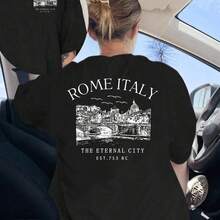 Women's T-Shirt With Front And Back Print, Featuring The Design Of The Eternal City Of Rome, Italian Style, Round Neck, Short Sleeve, Casual And Fashionable, Suitable For Daily Wear And Fitness In All Seasons, With A Fun Printed Design. - 黑色 - 查看 6