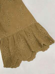 Solid Color Hollow Out Semi-Transparent Vacation French V-Neck Lace Cover Up Women Comfortable Plus Size Short Sleeve Cover-Up, Regular Fit V-Neck Embroidery Tulle Top - Khaki - View 3