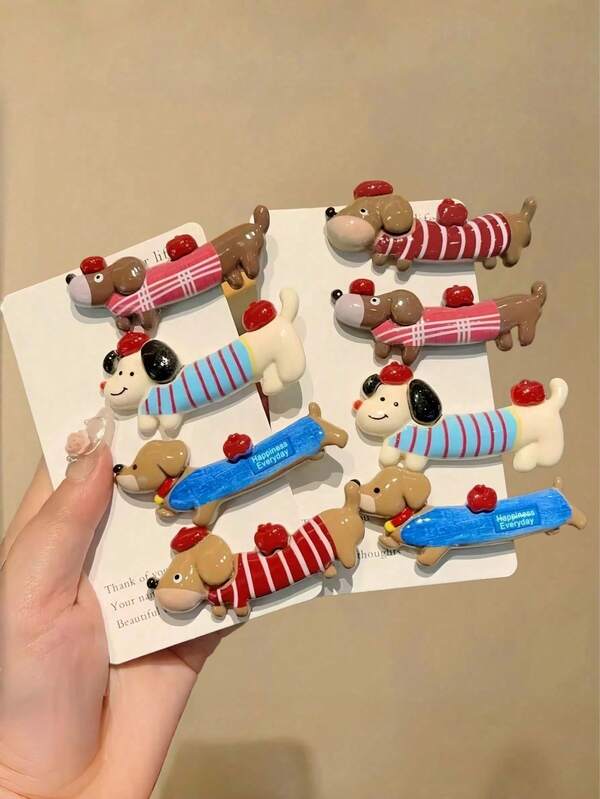4pcs Colorful Cute Dachshund Hair Clips Set, Cartoon Animal Design Hair Accessories - For Girls